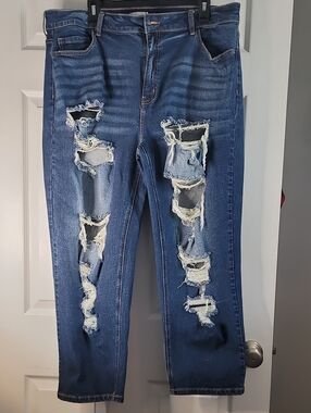 Distressed Straight-Leg Women’s Jeans — Dark Blue